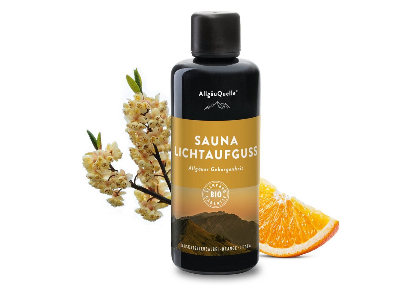 Allgäuquelle Sauna-Aufgussset BIO Saunaaufguss Lichtaufguss Saunaduft (1 x 100ml) mit Muskatellersalbei, Orange und Litsea von Allgäuquelle