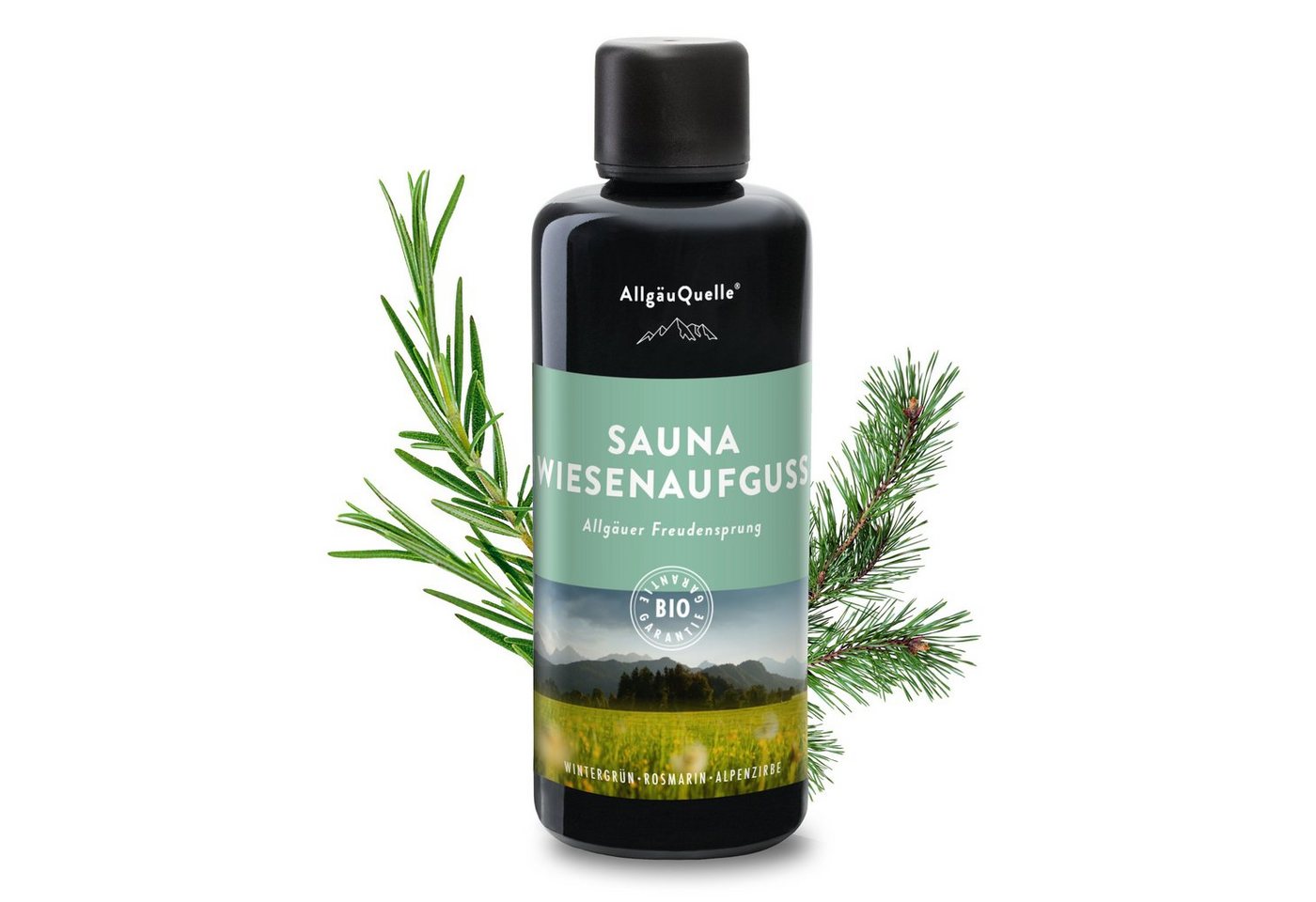 Allgäuquelle Sauna-Aufgussset BIO Saunaaufguss Wiesenaufguss Saunaduft (1 x 100ml) mit Wintergrün, Rosmarin und Alpenzirbe von Allgäuquelle