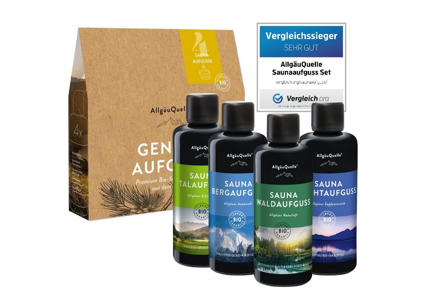 Allgäuquelle Sauna-Aufgussset BIO Saunaaufguss Genuss Saunaduft Set (4 x 100ml) Lemongrass, Orange, Bergamotte, Eukalyptus, Zirbe, Kiefer,Salbei,Minze von Allgäuquelle