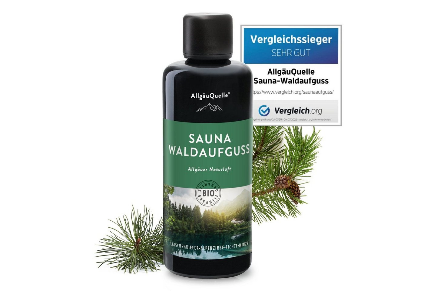 Allgäuquelle Sauna-Aufgussset Bio Saunaaufguss Waldaufguss Saunaduft (1 x 100ml) mit Latschenkiefer, Alpenzirbe, Fichte und Minze von Allgäuquelle