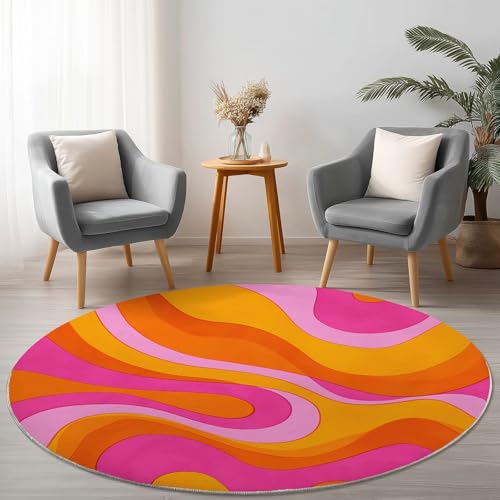 Runder Teppich mit Fantasie Retro Linien Drucken, Gelb Rosa Flanell Weich Fußmatte für Schlafzimmer Kinderzimmer Küche, Ø 150 cm Rund Teppiche Mit Anti-Rutsch Unterseite von Generisch