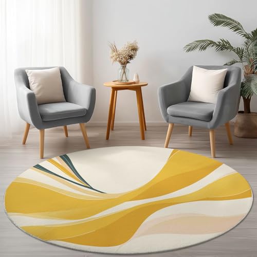 Generisch Runder Teppich mit Schlicht Elegant Linien Drucken, Gelb Flanell Weich Fußmatte für Schlafzimmer Kinderzimmer Küche, Ø 150 cm Rund Teppiche Mit Anti-Rutsch Unterseite von Generisch