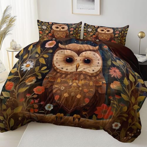 Allgemein Atmungsaktiv Bettbezug 240 x 220 cm Weich und Bequem, Tier Eule Blume Mikrofaser Bettbezug Mit Reißverschluss Einfaches Be- und Entladen, Braune Bettwäsche Wendemotiv von Allgemein