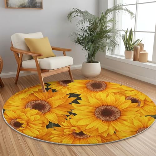 Generisch Runder Teppich mit Blumen Surreal Sonnenblumen Drucken, Gelb Flanell Flauschig Weich Fußmatte für Schlafzimmer Kinderzimmer Küche, Ø 150 cm Rund Teppiche Mit Anti-Rutsch Unterseite von Generisch