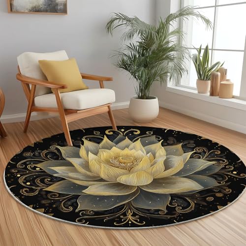 Generisch Runder Teppich mit Traditionell Lotus Wirbel Drucken, Schwarz Gelb Flanell Flauschig Weich Fußmatte für Schlafzimmer Kinderzimmer Küche, Ø 160 cm Rund Teppiche Mit Anti-Rutsch Unterseite von Generisch