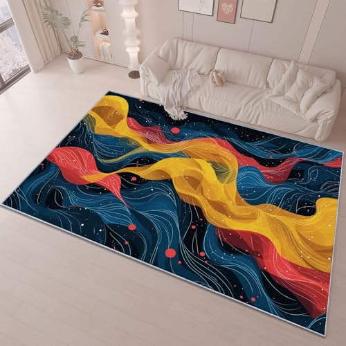 Generisch Teppich 140 x 200 cm rutschfest Wohnzimmer Schlafzimmer, Gelb Dunkelblau Flanell Teppiche Superweicher Leicht Zu Reinigen, Abstrakt Kunst Linien Heimdekoration Waschraum Fußmatte von Generisch