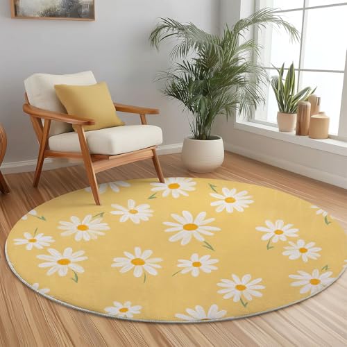 Runder Teppich mit Cartoon Süß Gänseblümchen Drucken, Gelb Flanell Weich Fußmatte für Schlafzimmer Kinderzimmer Küche, Ø 60 cm Rund Teppiche Mit Anti-Rutsch Unterseite von Generisch