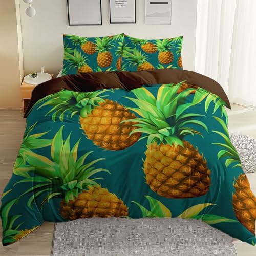 Allgemein Weich Komfort Bettbezug 155 x 220 cm, Braune Doppelseitig Microfaser Atmungsaktiv Bettwäsche Set, Realität Obst Ananas Thema Bettbezug mit Reißverschluss und Kissenbezug von Allgemein