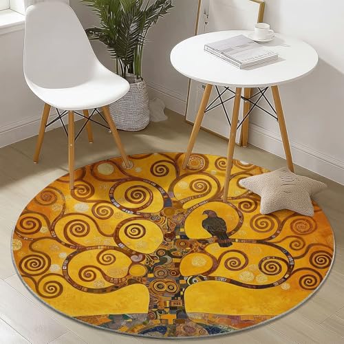 Generisch Runder Teppich mit Traditionell Lebensbaum Vogel Drucken, Gelb Flanell Weich Fußmatte für Schlafzimmer Kinderzimmer Küche, Ø 150 cm Rund Teppiche Mit Anti-Rutsch Unterseite von Generisch