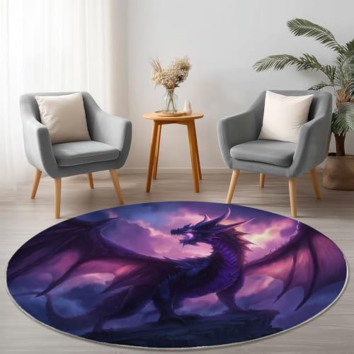 Anti-Rutsch Runder Teppich 120 cm, Fantasie Drache Dunkle Wolken Thema Waschbarer Runder Teppich für Wohnzimmer Kinderzimmer Büro, Lila Flanell Rund Teppiche Weich Nicht Leicht zu Verblassen Anti-Rutsch Runder Teppich 120 cm, Fantasie Drache Dunkle Wolken Thema Waschbarer Runder Teppich für Wohnzimmer Kinderzimmer Büro, Lila Flanell Rund Teppiche Weich Nicht Leicht zu Verblassen von Allgemein