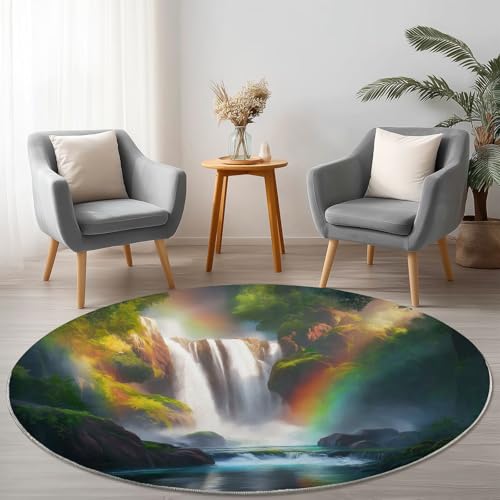Anti-Rutsch Runder Teppich 150 cm, Landschaft Regenbogen Wasserfall Thema Waschbarer Runder Teppich für Wohnzimmer Kinderzimmer Büro, Dunkelgrün Flanell Rund Teppiche Weich Nicht Leicht zu Verblassen Anti-Rutsch Runder Teppich 150 cm, Landschaft Regenbogen Wasserfall Thema Waschbarer Runder Teppich für Wohnzimmer Kinderzimmer Büro, Dunkelgrün Flanell Rund Teppiche Weich Nicht Leicht zu Verblassen von Allgemein