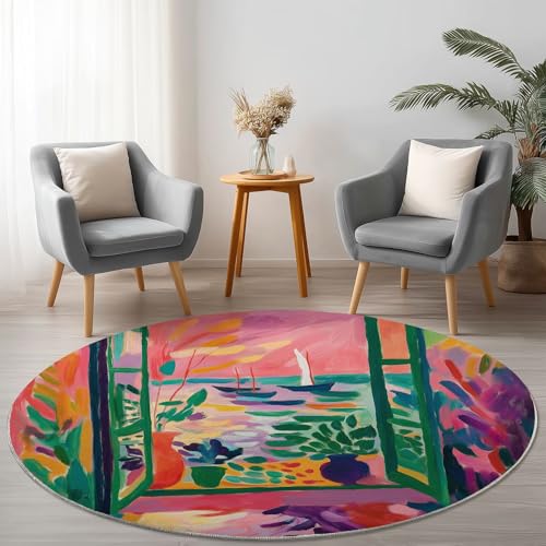 Anti-Rutsch Runder Teppich 180 cm, Aquarell Fenster Pflanzen Thema Waschbarer Runder Teppich für Wohnzimmer Kinderzimmer Büro, Rosa Grün Flanell Rund Teppiche Weich Nicht Leicht zu Verblassen Anti-Rutsch Runder Teppich 180 cm, Aquarell Fenster Pflanzen Thema Waschbarer Runder Teppich für Wohnzimmer Kinderzimmer Büro, Rosa Grün Flanell Rund Teppiche Weich Nicht Leicht zu Verblassen von Allgemein