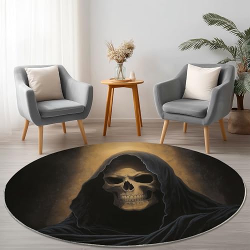 Anti-Rutsch Runder Teppich 180 cm, Gothic Sensenmann Totenkopf Thema Waschbarer Runder Teppich für Wohnzimmer Kinderzimmer Büro, Schwarz Flanell Rund Teppiche Weich Nicht Leicht zu Verblassen Anti-Rutsch Runder Teppich 180 cm, Gothic Sensenmann Totenkopf Thema Waschbarer Runder Teppich für Wohnzimmer Kinderzimmer Büro, Schwarz Flanell Rund Teppiche Weich Nicht Leicht zu Verblassen von Allgemein