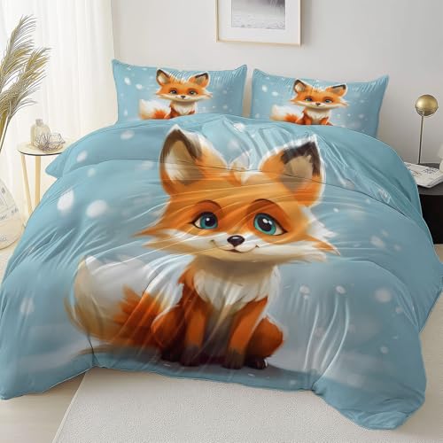Bettbezug Hellblau Doppelseitig Reversibel mit Reißverschluss Eckband, Tier Cartoon Fuchs Mikrofaser Bettwäsche Set Atmungsaktiv Reißfest, 180 x 200 cm Bettbezug Pflegeleicht Schlafzimmer von Allgemein