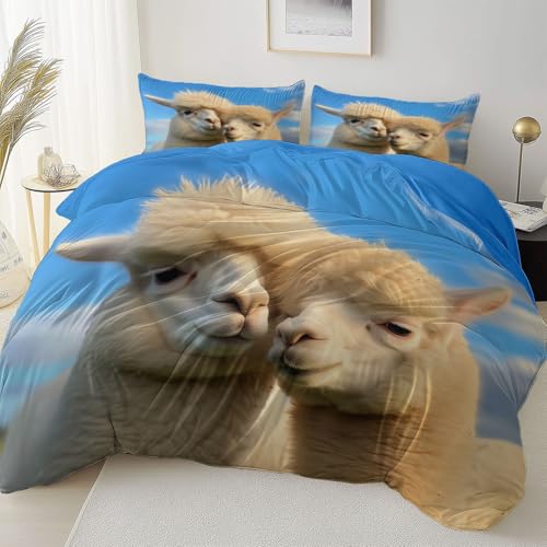 Blau Doppelseitig Bettbezug Pflegeleicht Atmungsaktiv, Tier Warm Alpaka Thema Bettwäsche für Jugendliche Erwachsene, 155 x 220 cm Bettbezug Mit Reißverschluss Einfaches Be- und Entladen von Allgemein