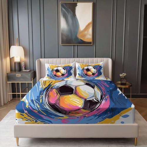 Blau Gelb Spannbetttuch Atmungsaktiv Reißfestigkeit, Abstrakt Cartoon Fußball Komfort Spannbettlaken 3-Teiliges Set 160 x 200 cm, Spannbetttuch Mit Gummizug und Tiefen Taschen von Allgemein