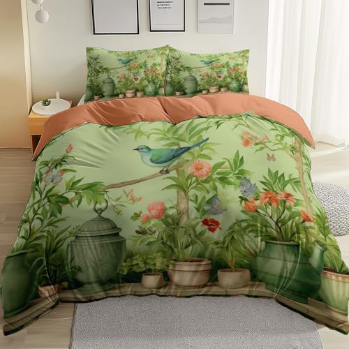 Braune Reversibler Bettbezug mit Reißverschluss Einfaches Be- und Entladen, Retro Blumentopf Blumen Und Vögel Weich Bettwäsche Für Raum Dekor Einweihungsgeschenk, 135 x 200 cm Atmungsaktivem Bettbezug von Allgemein