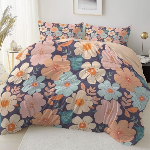 Creme Doppelseitig Bettbezug Pflegeleicht Atmungsaktiv, Retro Mode Blume Thema Bettwäsche für Jugendliche Erwachsene, 135 x 200 cm Bettbezug Mit Reißverschluss Einfaches Be- und Entladen von Allgemein