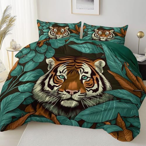Grün Doppelseitig Bettbezug Pflegeleicht Atmungsaktiv, Tier Tiger Blätter Thema Bettwäsche für Jugendliche Erwachsene, 180 x 200 cm Bettbezug Mit Reißverschluss Einfaches Be- und Entladen von Allgemein