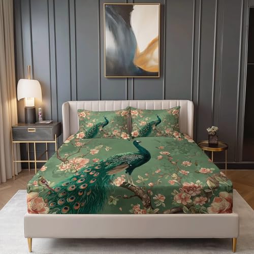 Mikrofaser Spannbetttuch 180 x 200 cm Weiche Anti-Falten, Retro Pfirsichblüte Pfau Thema Spannbettlaken Mit Tiefe Tasche Nicht Leicht zu Verblassen, Grün Rosa Atmungsaktiv Spannbetttuch Reißfestigkeit Mikrofaser Spannbetttuch 180 x 200 cm Weiche Anti-Falten, Retro Pfirsichblüte Pfau Thema Spannbettlaken Mit Tiefe Tasche Nicht Leicht zu Verblassen, Grün Rosa Atmungsaktiv Spannbetttuch Reißfestigkeit von Allgemein