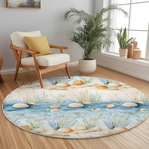 Generisch Runder Teppich mit Einfach Strand Steine Drucken, Hellblau Hellgelb Flanell Flauschig Weich Fußmatte für Schlafzimmer Kinderzimmer Küche, Ø 150 cm Rund Teppiche Mit Anti-Rutsch Unterseite von Generisch