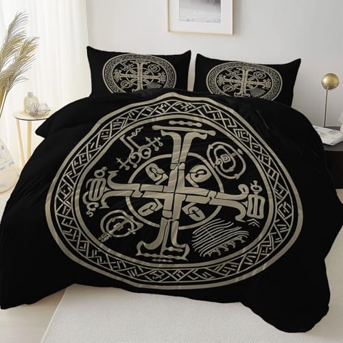 Schwarz Reversibel Bettbezug Nicht Leicht Verblassen Pflegeleicht, Einfach Traditionell Rune Mikrofaser Bettbezug Mit Reißverschluss Weich Bügelfrei, 240 x 220 cm Bettwäsche Set Dauerhaft von Allgemein