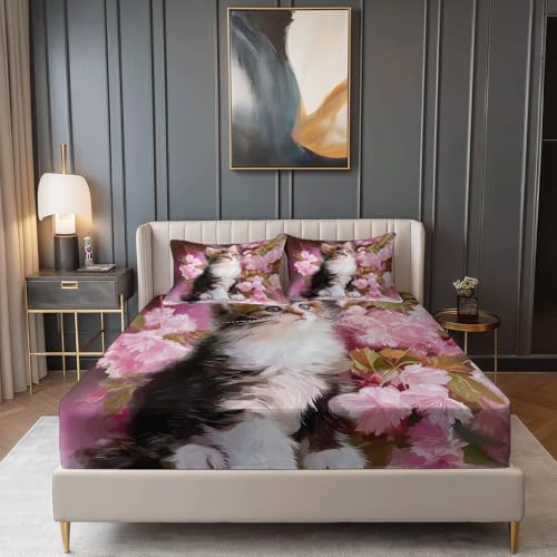 Spannbettlaken Tier Kätzchen Blumen Mikrofaser Wunderschön Bedrucktes Weiche Bequem Spannbetttuch, Rosa Atmungsaktivem Spannbetttuch Mit 30cm Tiefer Tasche, (120 x 200 cm) von Allgemein