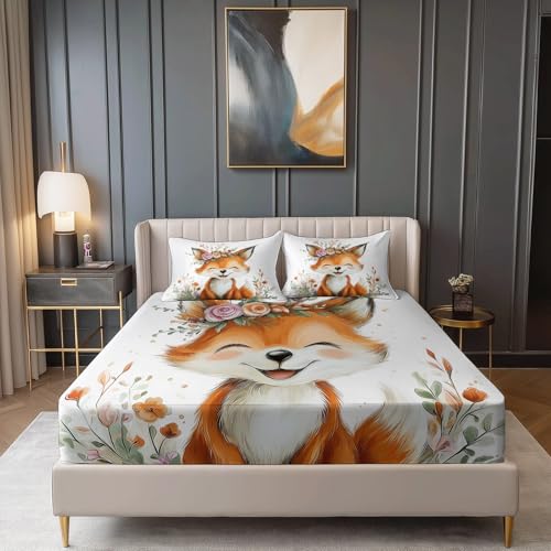 Spannbettlaken Tier Süß Fuchs Mikrofaser Wunderschön Bedrucktes Weiche Bequem Spannbetttuch, Braune Weiß Atmungsaktivem Spannbetttuch Mit 30cm Tiefer Tasche, (120 x 200 cm) von Allgemein