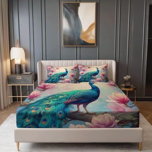 Spannbettlaken Traum Pfau Magnolie Mikrofaser Wunderschön Bedrucktes Weiche Bequem Spannbetttuch, Rosa Grün Atmungsaktivem Spannbetttuch Mit 30cm Tiefer Tasche, (120 x 200 cm) von Allgemein