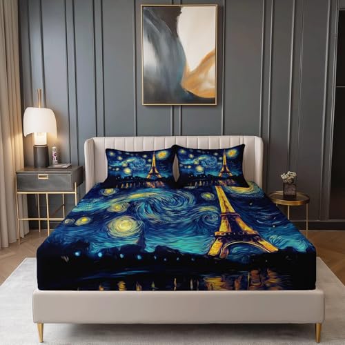 Tiefe Taschen Spannbetttuch, Abstrakt Eisenturm Sternenhimmel Thema 160 x 200 cm Mikrofaser Weich Spannbettlaken für Teenage Erwachsener, Dunkelblau Anti-Falten Kein Schrumpfen Spannbetttuch von Allgemein