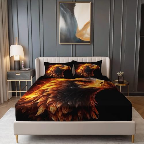 Tiefe Taschen Spannbetttuch, Abstrakt Flamme Adler Thema 140 x 200 cm Mikrofaser Weich Spannbettlaken für Teenage Erwachsener, Schwarz Braune Anti-Falten Kein Schrumpfen Spannbetttuch von Allgemein