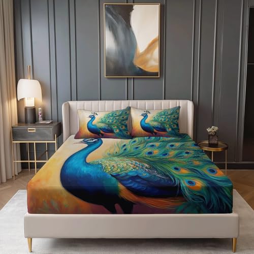 Tiefe Taschen Spannbetttuch, Tier Malerei Pfau Thema 90 x 200 cm Mikrofaser Weich Spannbettlaken für Teenage Erwachsener, Grün Blau Anti-Falten Kein Schrumpfen Spannbetttuch von Allgemein