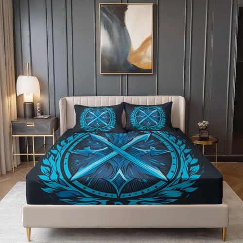 Tiefe Taschen Spannbetttuch, Traditionell Künstlerisch Runen Thema 160 x 200 cm Mikrofaser Weich Spannbettlaken für Teenage Erwachsener, Dunkelgrau Blau Anti-Falten Kein Schrumpfen Spannbetttuch von Allgemein