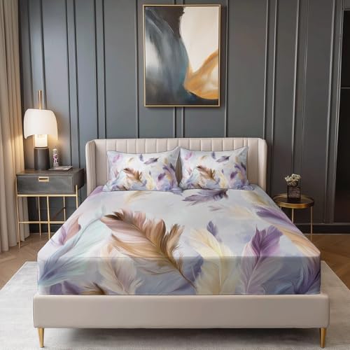 Tiefe Taschen Spannbetttuch, Traumhaft Elegant Feder Thema 90 x 200 cm Mikrofaser Weich Spannbettlaken für Teenage Erwachsener, Lila Grau Anti-Falten Kein Schrumpfen Spannbetttuch von Allgemein