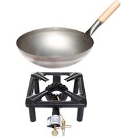 Hockerkocher-Set (klein) mit Zündsicherung mit Stahl-Wok Ø 30 cm von Allgrill