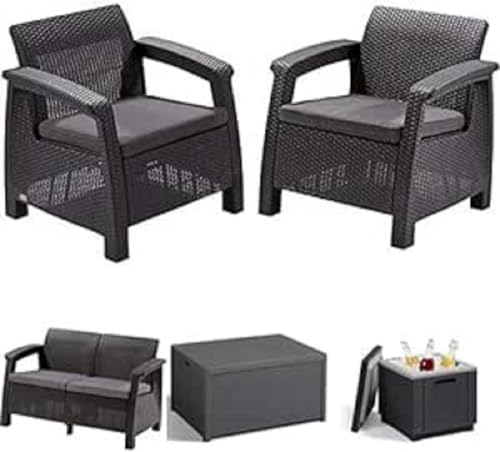 Alibert by Keter Corfu 2er Set Gartenstuhl aus Kunstoff + Corfu II Love Seat + Gartentisch Arica, Graphit von Allibert