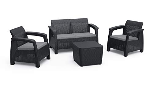 Alibert by Keter Corfu 2er Set Gartenstuhl aus Kunstoff + Corfu II Love Seat + Gartentisch Luzon Plus Flat Wicker von Allibert