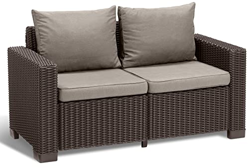 Allibert by Keter Gartenlounge Sofa California 2-Sitzer, inkl. Sitz- und Rückenkissen, Kunststoff, runde Rattanoptik, 141x68x72 cm, braun/warm taupe von Keter