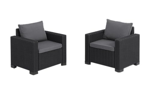 Allibert by Keter Gartenlounge Sessel California, graphit/cool grey, 2er Set, inkl. Sitz- und Rückenkissen, Kunststoff, runde Rattanoptik, 83 x 68 x 72 cm von Allibert