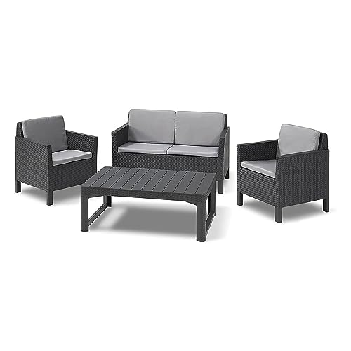 Allibert by Keter Chicago Lounge Set für 4 Personen, 2-er Sofa, 2 Gartensessel mit Rückenkissen und höhenverstellbarem Lyon Tisch, graphit/cool grau, wetterfest Allibert by Keter Chicago Lounge Set für 4 Personen, 2-er Sofa, 2 Gartensessel mit Rückenkissen und höhenverstellbarem Lyon Tisch, graphit/cool grau, wetterfest von Keter