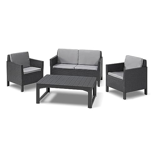 Allibert by Keter Chicago Lounge Set für 4 Personen, 2-er Sofa, 2 Gartensessel mit Rückenkissen und höhenverstellbarem Lyon Tisch, graphit/cool grau, wetterfest von Keter