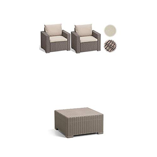 Allibert Lounge Sessel California 2er Set mit Kissen, cappuccino/panama sand + Tisch California 68x68 cm, cappuccino von Allibert