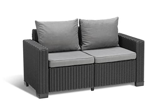 "Allibert by Keter" California 2-Sitzer Gartensofa für Balkon und Terrasse, inklusive Sitzauflagen und Rückenkissen, runde Rattanoptik, Lounge Gartenmöbel, Graphit/panama cool grau, 141 x 68 x 72 cm von Keter