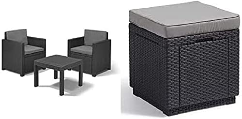 Allibert Victoria Balcony Set Graphite/Cool Grey (Poly Cotton Cushion) + Hocker mit Stauraum Cube w/Cushion von Allibert