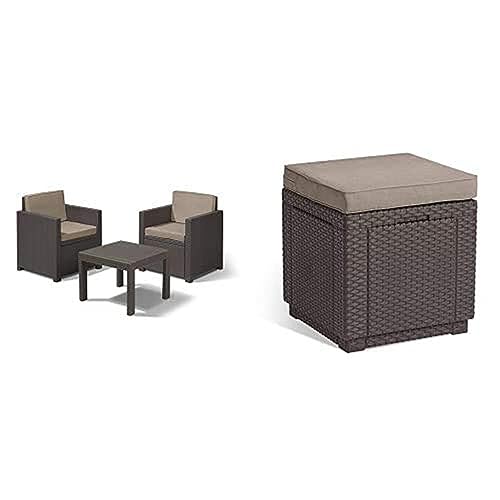 Allibert Victoria Balcony Set Poly Cotton Cushion Brown/Taupe + Hocker mit Stauraum Cube w/Cushion von Allibert