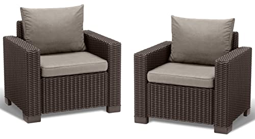 Allibert by Keter Gartenlounge Sessel California, braun/warm taupe, 2er Set, inkl. Sitz- und Rückenkissen, Kunststoff, runde Rattanoptik, 252919, 83 x 68 x 72 cm von Keter