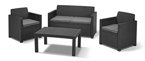 Allibert by Keter Merano Gartenmöbel Set aus Kunststoff, inkl. Sitzkissen, grau, 4-teilig, 2 Sessel, Sofa & Tisch, für Garten & Terrasse, Flache Rattanoptik von Keter