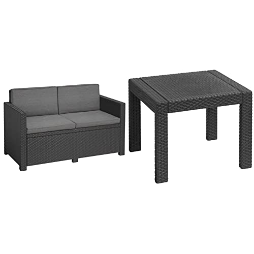 Allibert by Keter Gartenlounge Sofa Victoria, Graphite/grau, 2-Sitzer, inkl. Sitz- und Rückenkissen & by Keter Gartentisch Victoria, Graphit, quadratisch, Grau, 59 x 59 x 43 cm von Allibert
