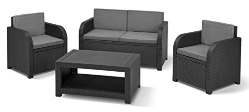 Allibert by Keter Modena Gartenmöbel Set aus Kunststoff, inkl. Sitzkissen, grau, 4-teilig, 2 Sessel, Sofa & Tisch, für Garten, Balkon & Terrasse, Flache Rattanoptik von Keter