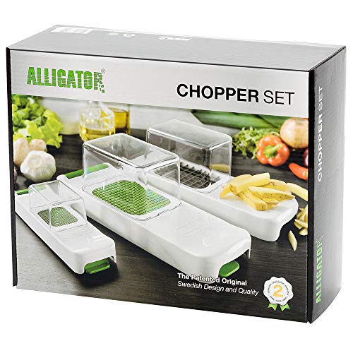 ALLIGATOR 3002 - 3-in-1- Multifunktionsschneider - Gemüses- Zwiebel- und Pommesschneider - 3 Austauschbare Klingen- 3x3 mm 6x6 mm 12x12 mm - BPA-frei - Weiß und Grün von Alligator